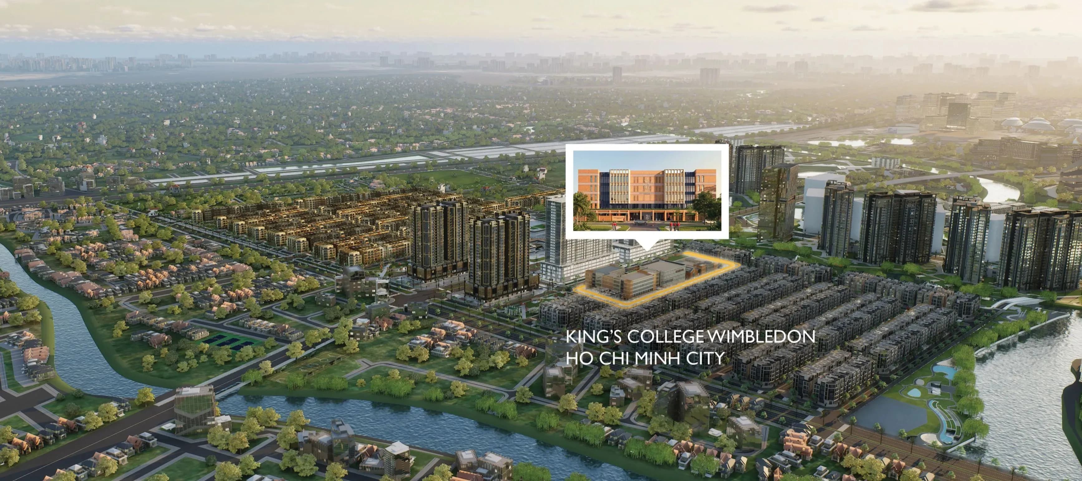 Aerial view of a sprawling urban development with river, modern buildings, and King's College Vietnam.