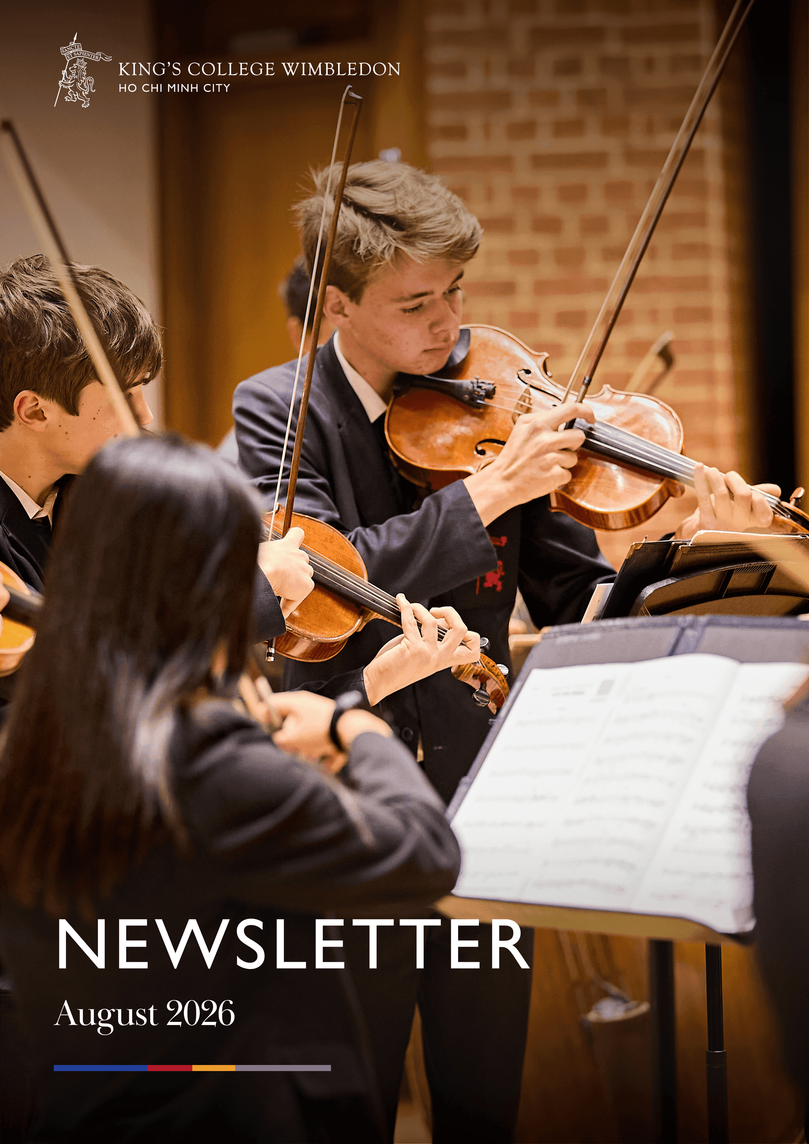 Young students intensely playing violins in an orchestra, with 'Newsletter August 2026' text.