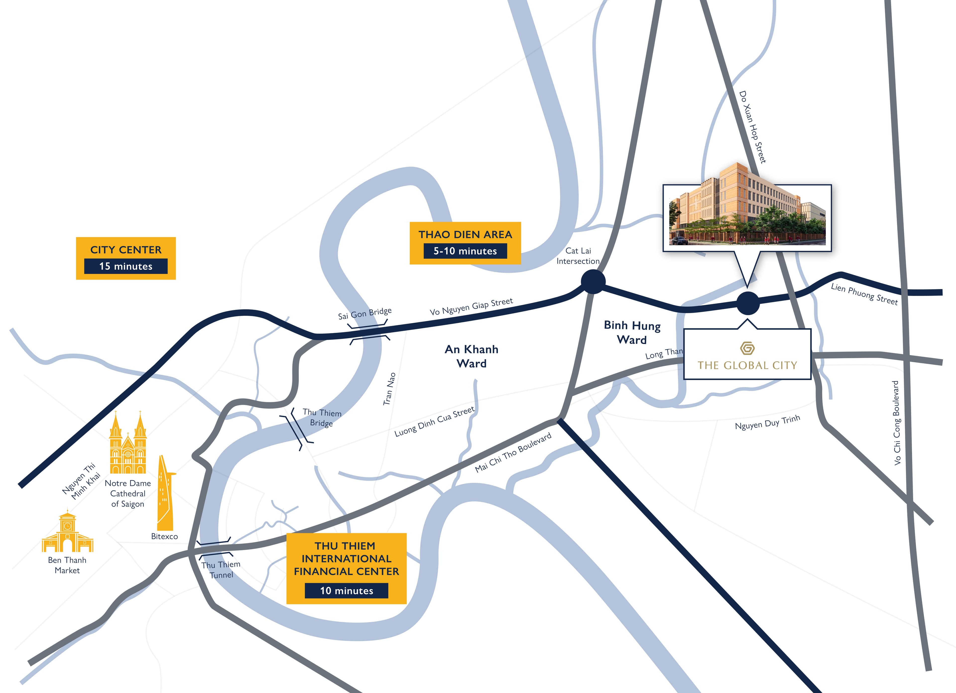 Map detailing Bangkok's Chao Phraya River, key landmarks, and important destinations.