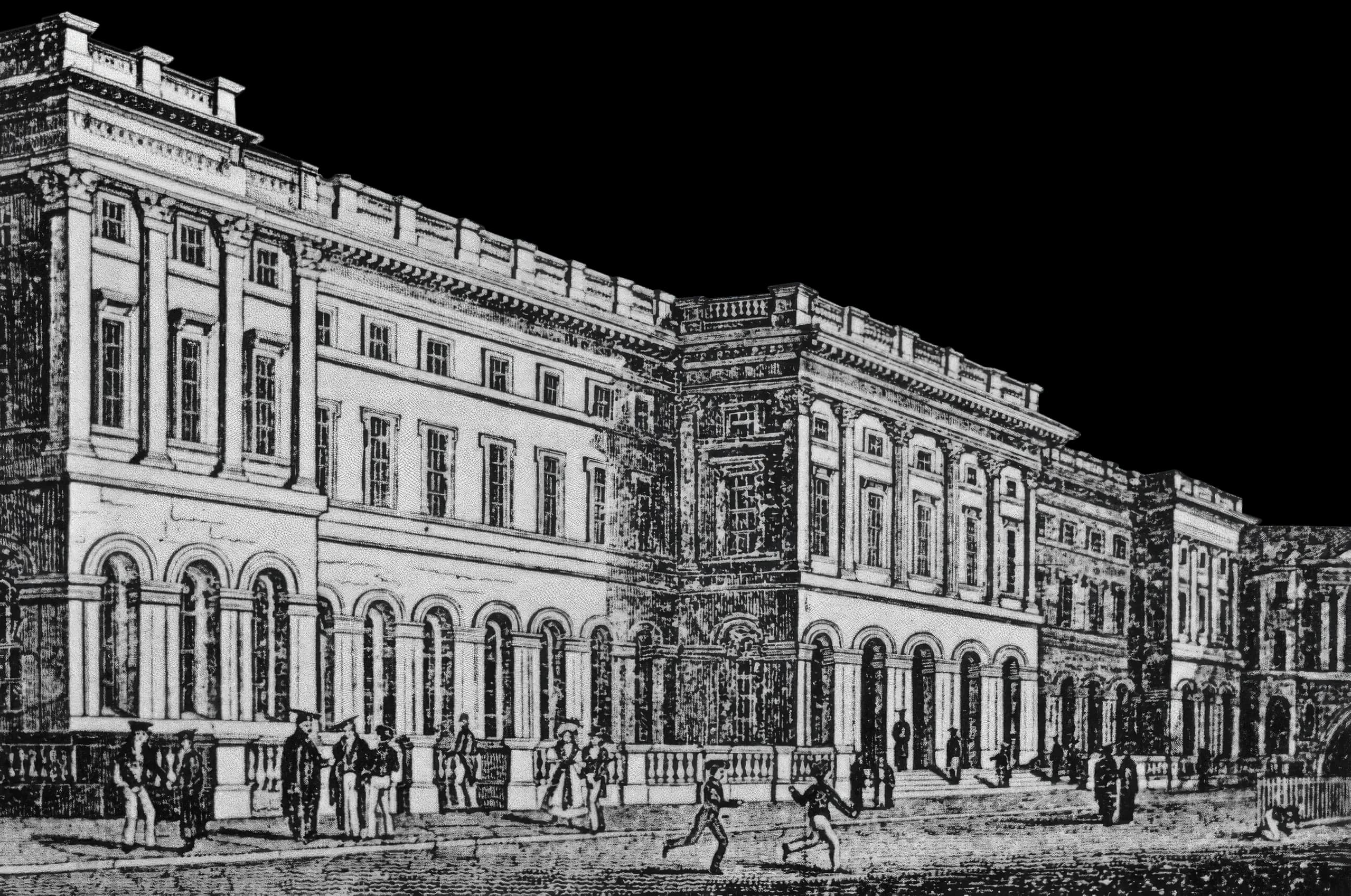 Historic engraving of a grand neoclassical building with people gathered in front.