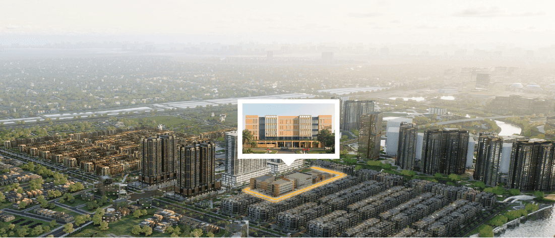 Aerial city view highlights a modern building's location with an overlay.
