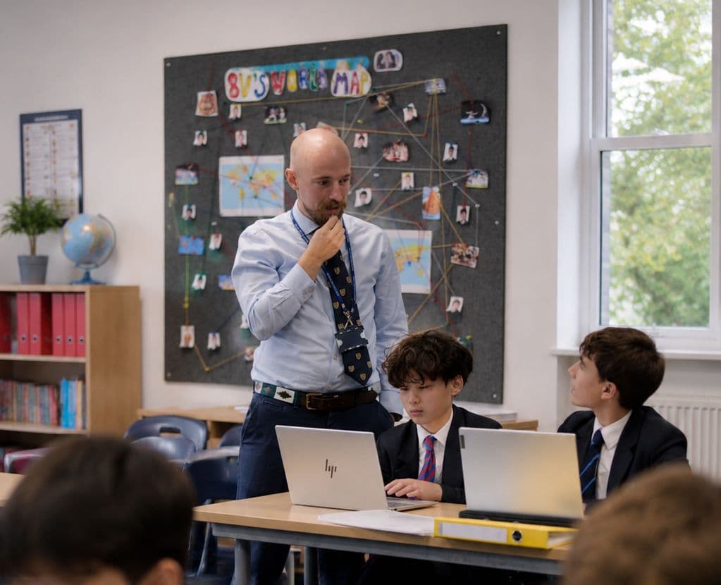 Teacher stands thoughtfully, two students work on laptops in a bright classroom.