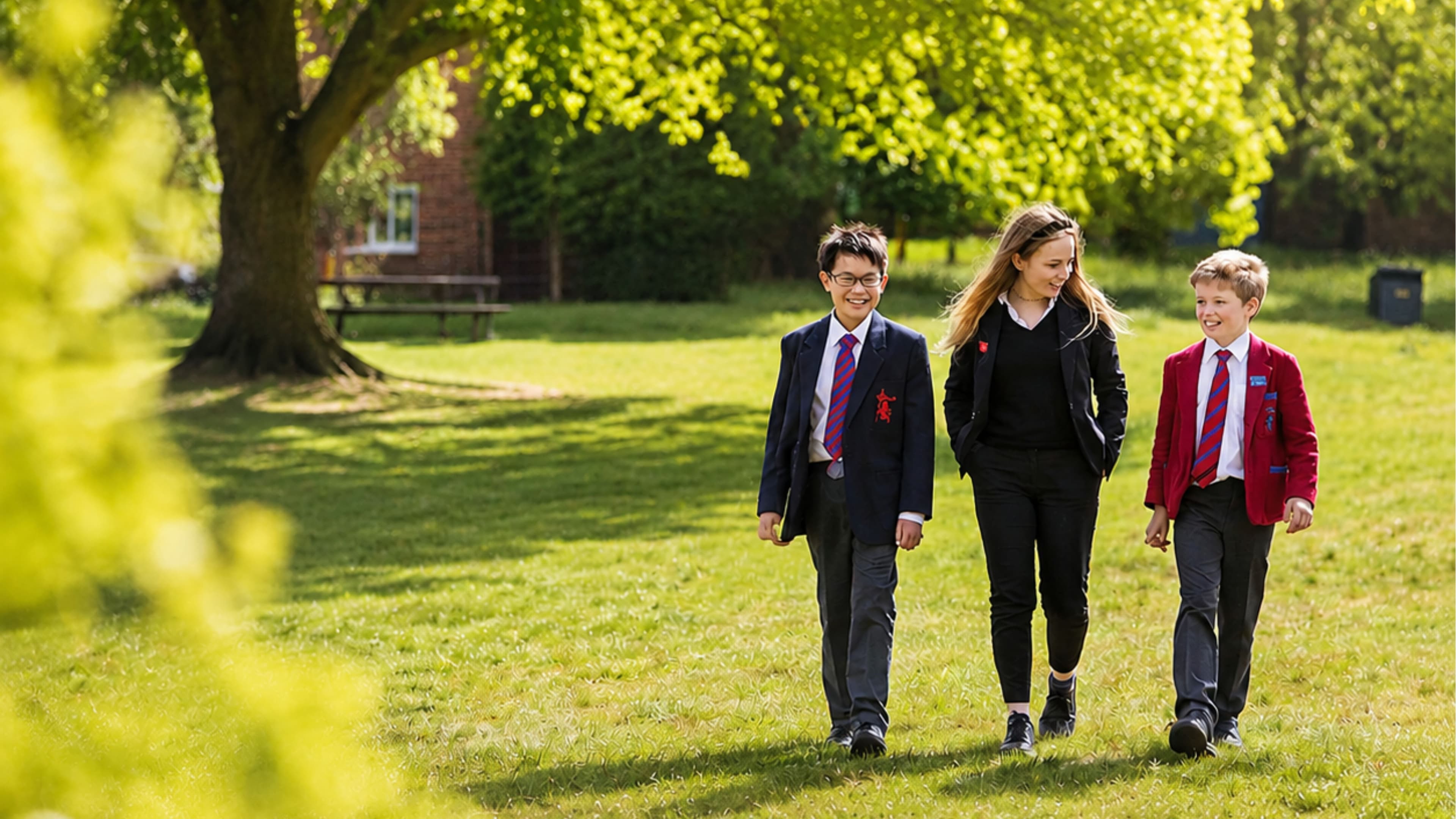 Three students in school uniform walking across a sunny green lawn.